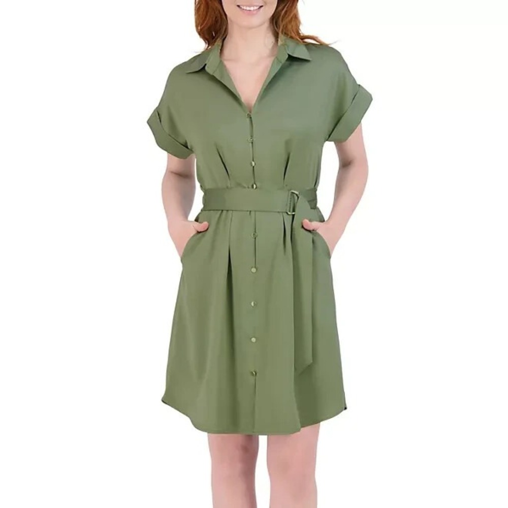 French Connection Womens Short Shirt Dress XS Olive Green Mini Belted Collared